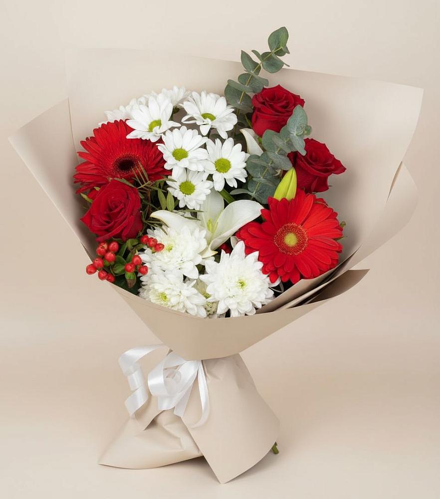 Букет цветов из: Розы, Хризантемы, Герберы и Лилии в Новое