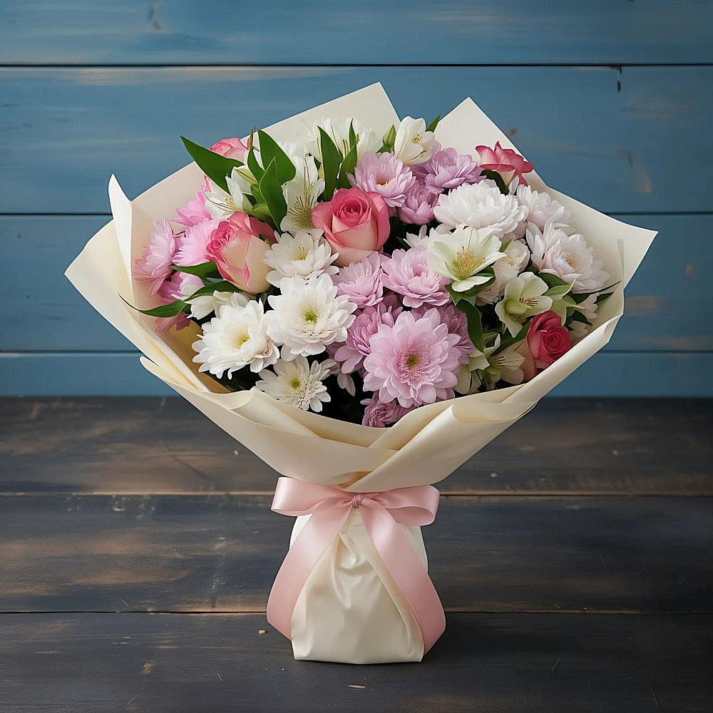 Букет цветов из: Хризантемы, Альстромерии и Розы в Новое